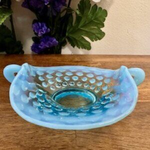 Fenton Hobnail Opalescent Blue Glass Candy Dish‎ Vintage Baby Blue Ruffled Bowl